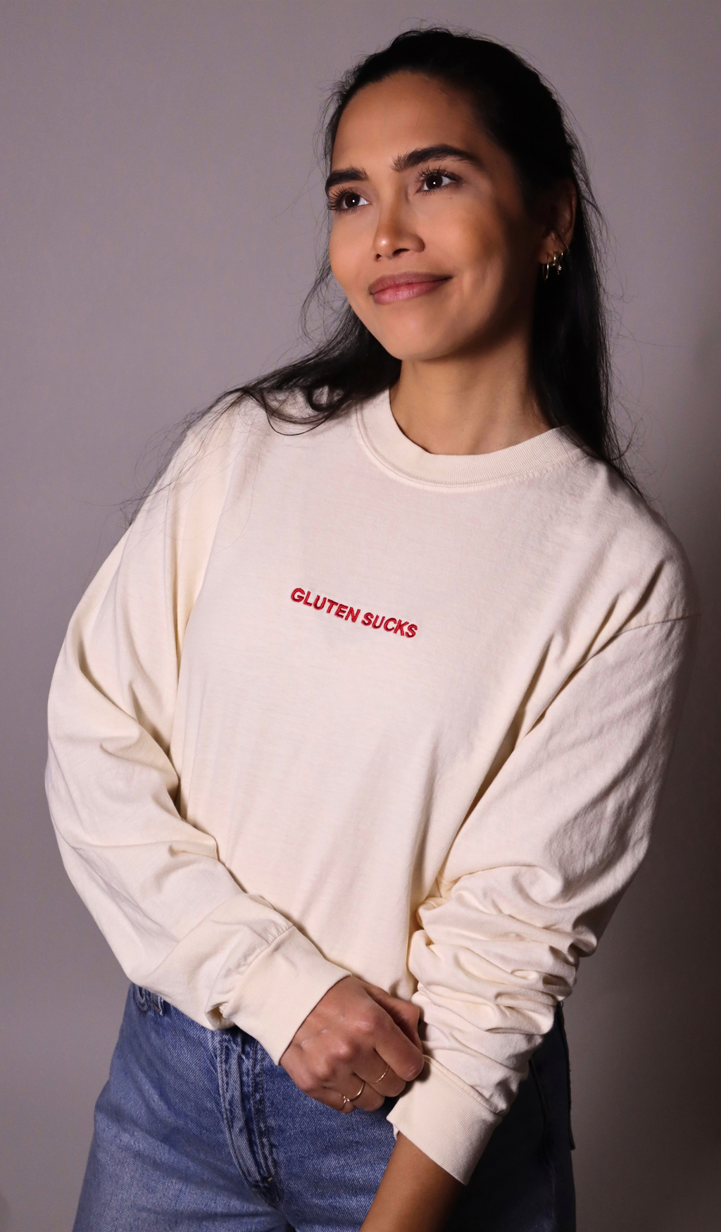 PRE-ORDER | "gluten sucks" embroidered long sleeve tee - ivory