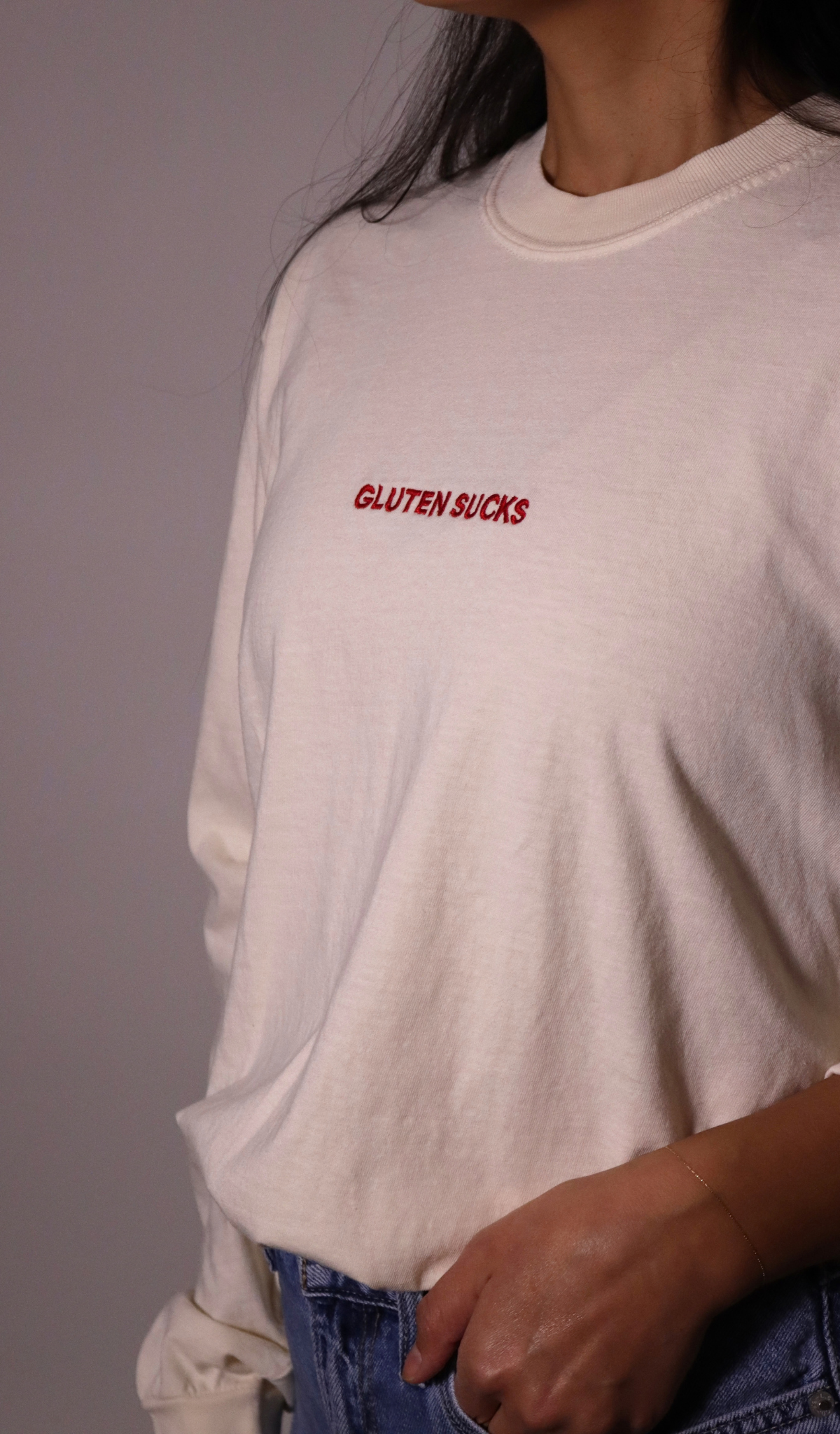 PRE-ORDER | "gluten sucks" embroidered long sleeve tee - ivory