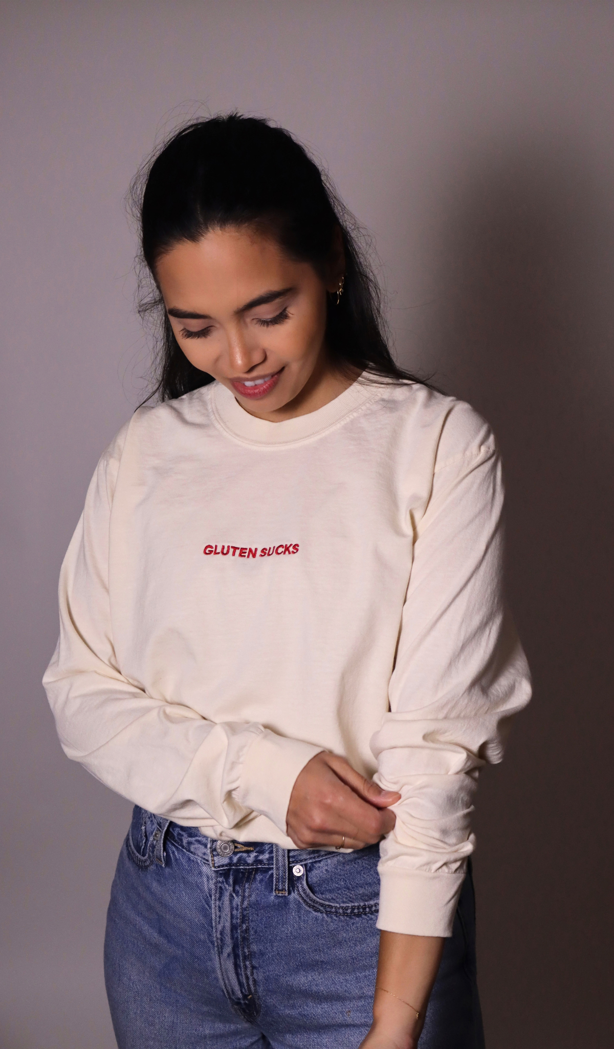 PRE-ORDER | "gluten sucks" embroidered long sleeve tee - ivory