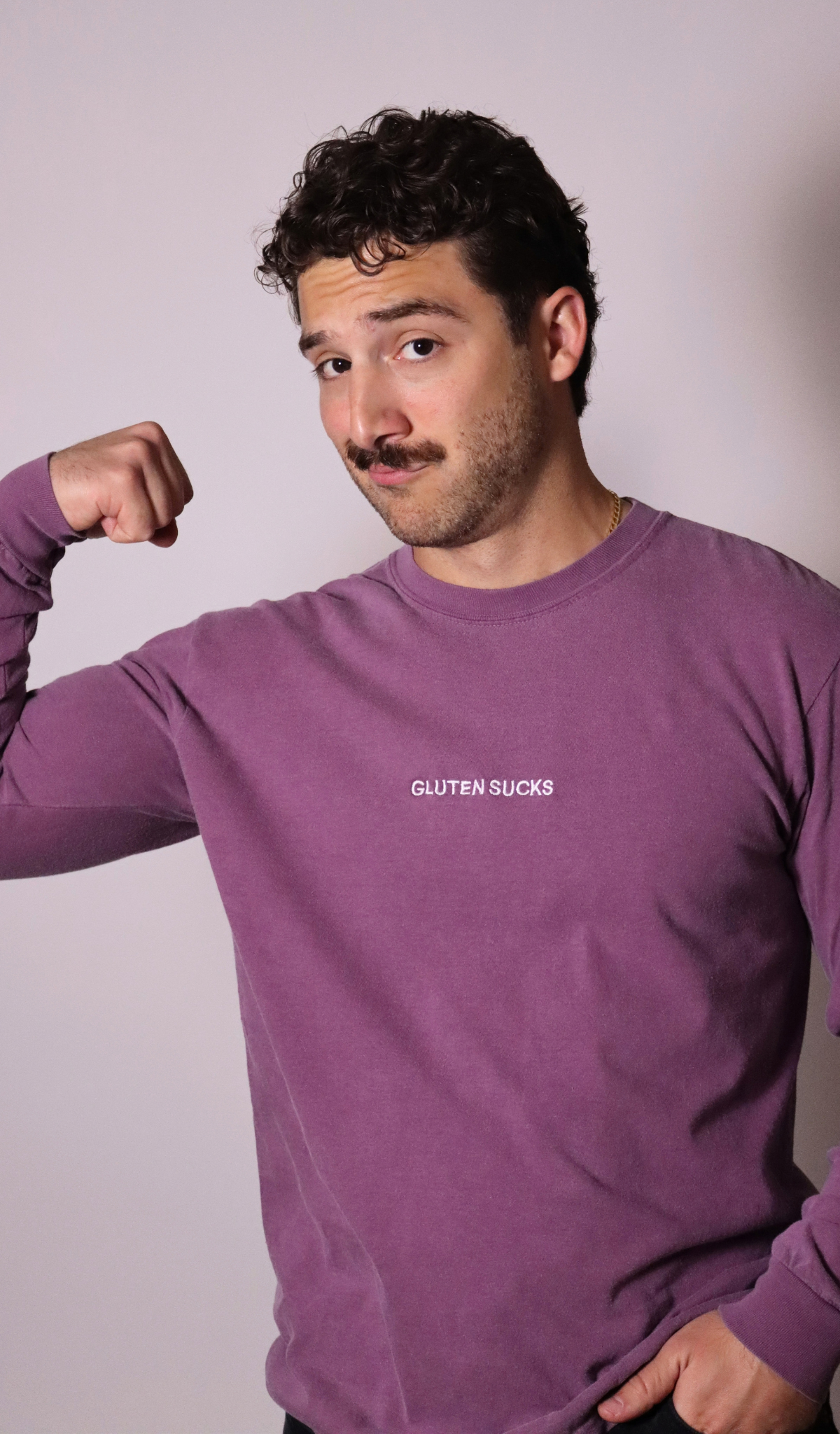 PRE-ORDER | "gluten sucks" embroidered long sleeve tee - berry