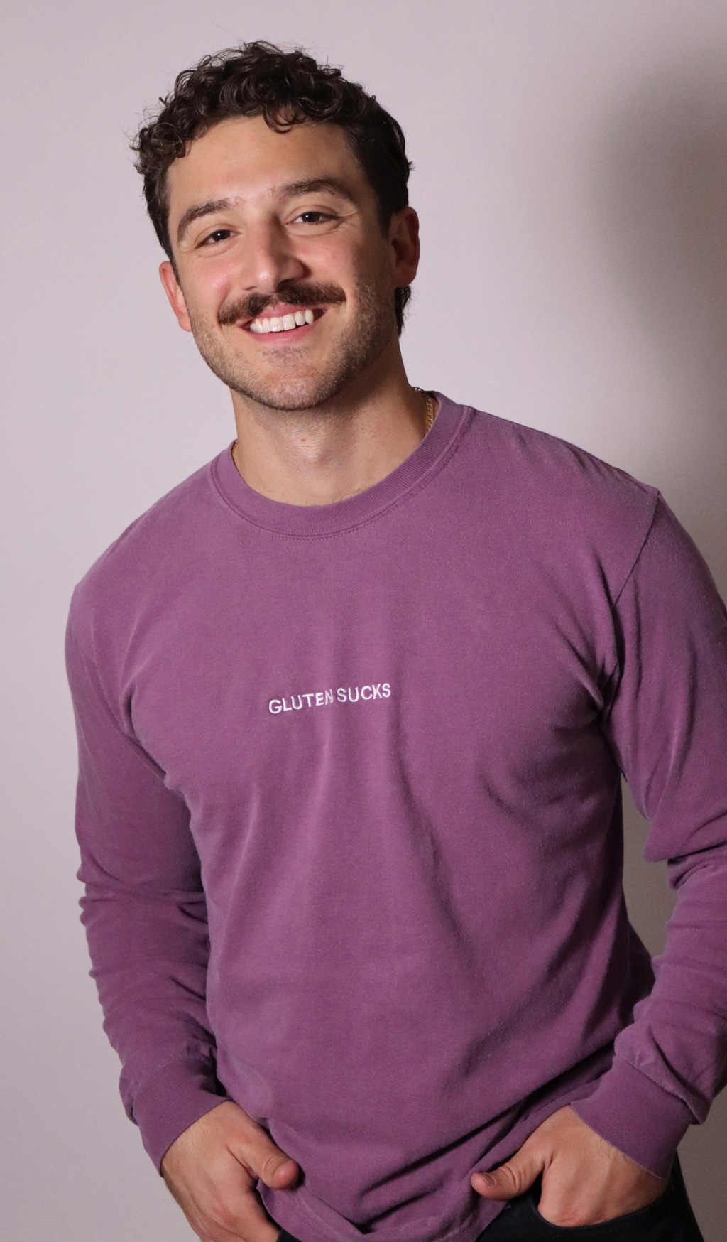PRE-ORDER | "gluten sucks" embroidered long sleeve tee - berry