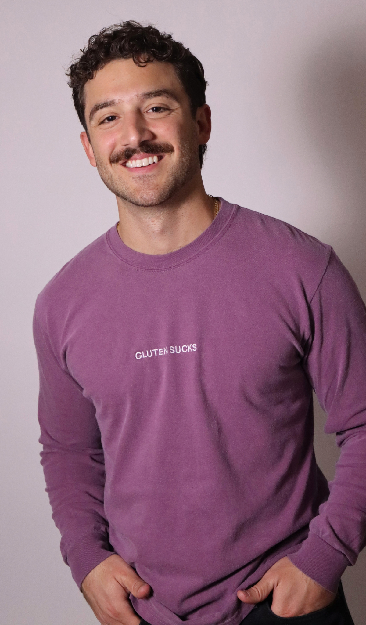 PRE-ORDER | "gluten sucks" embroidered long sleeve tee - berry