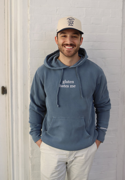 "gluten hates me" hoodie - pigment slate blue