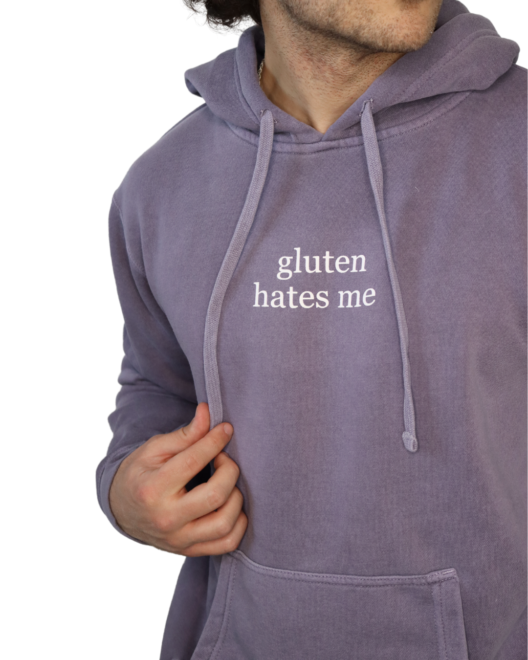 "gluten hates me" Hoodie (Pigment Plum)