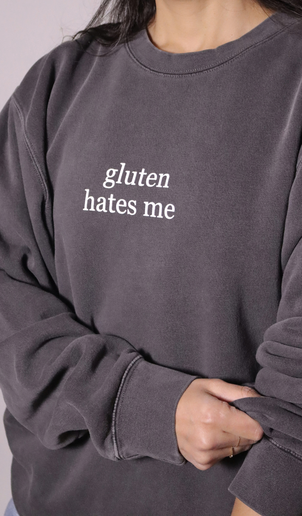PRE-ORDER | "gluten hates me" crewneck- pigment black