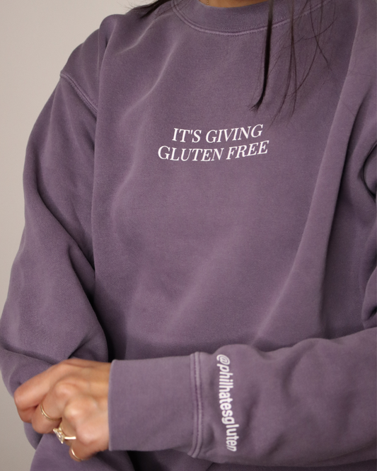 SALE | "it's giving gluten free" - crewneck (pigment plum)