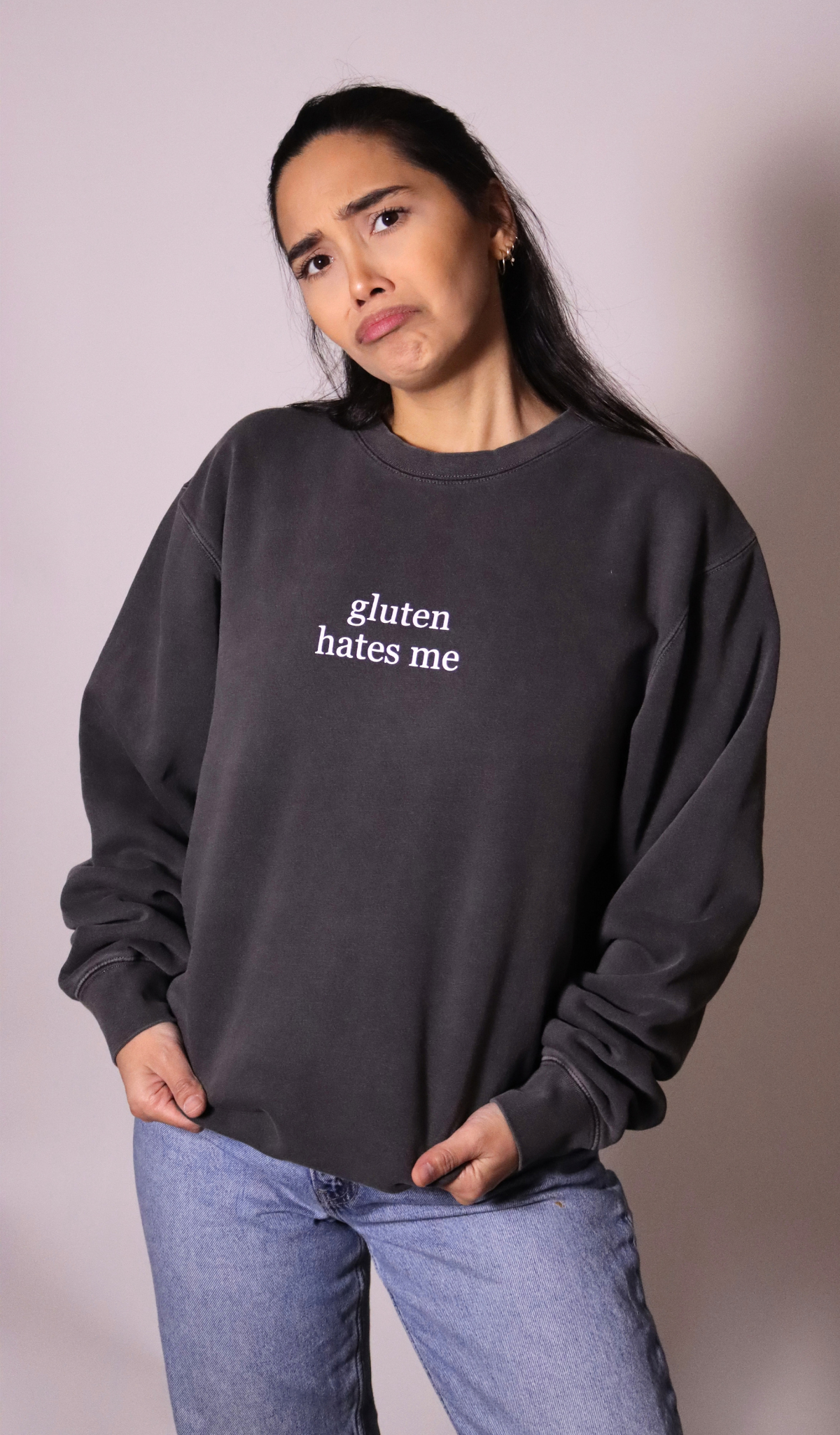 PRE-ORDER | "gluten hates me" crewneck- pigment black