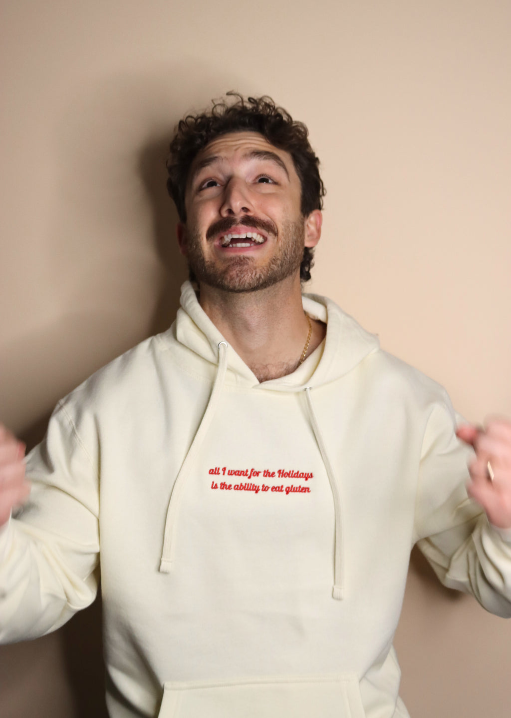 "all I want for the Holidays is the ability to eat gluten" hoodie - bone