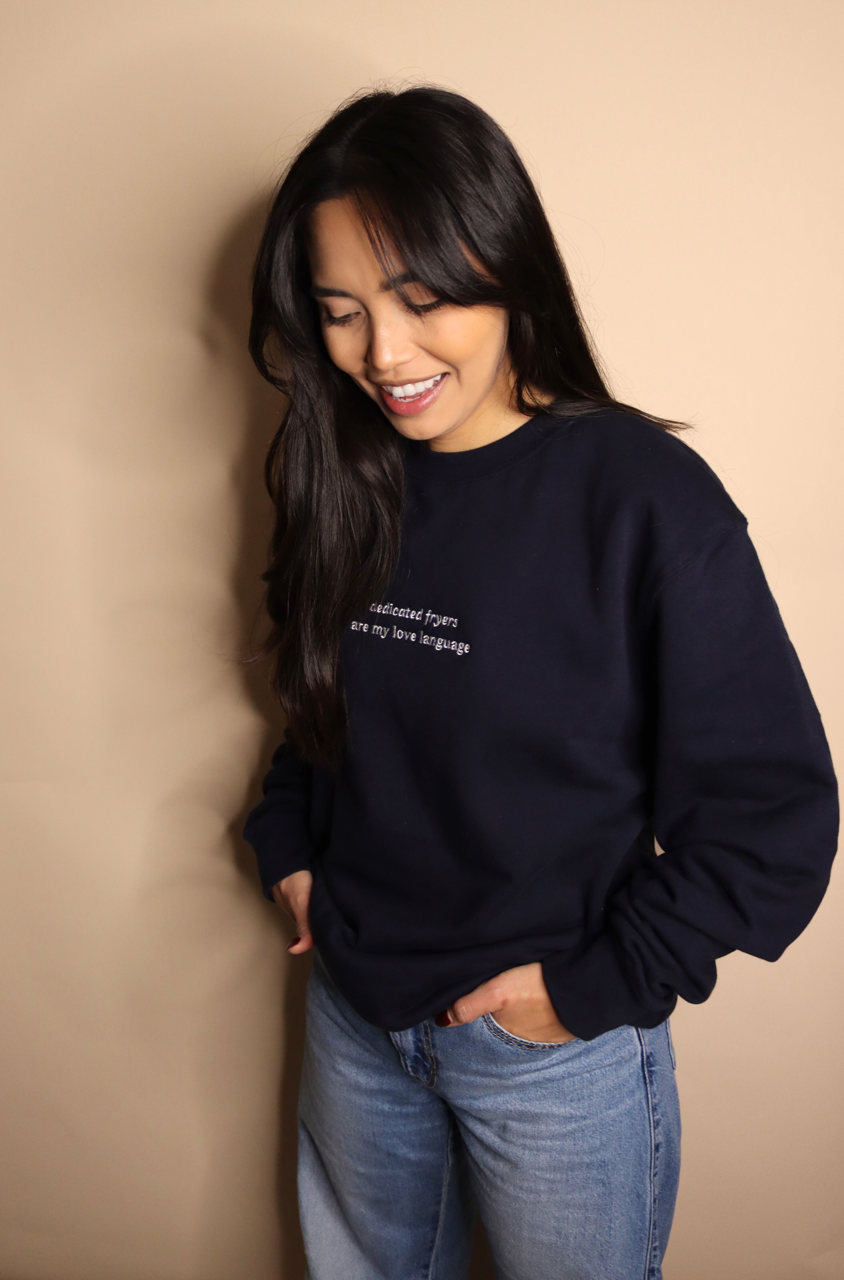 "dedicated fryers are my love language" crewneck - classic navy
